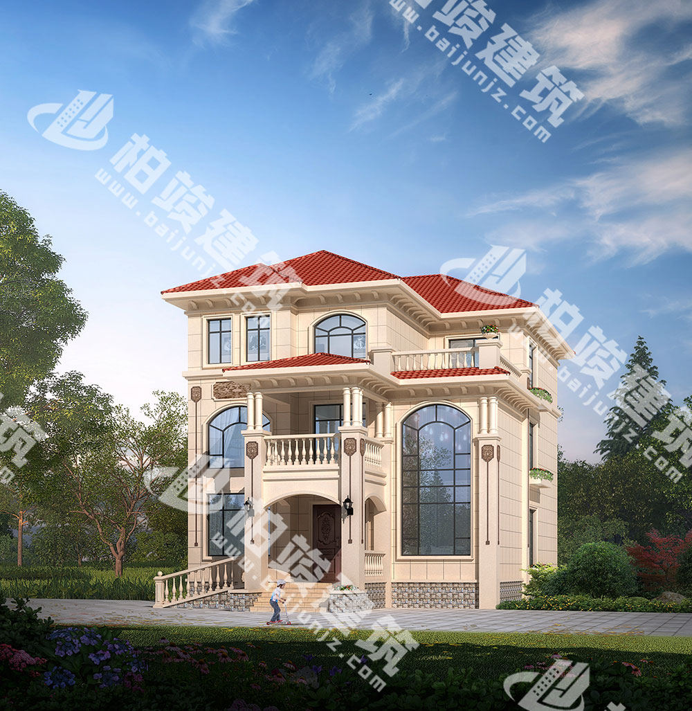 農(nóng)村三層別墅設(shè)計圖紙，簡歐風格，帶雙層落地窗、輪椅坡道