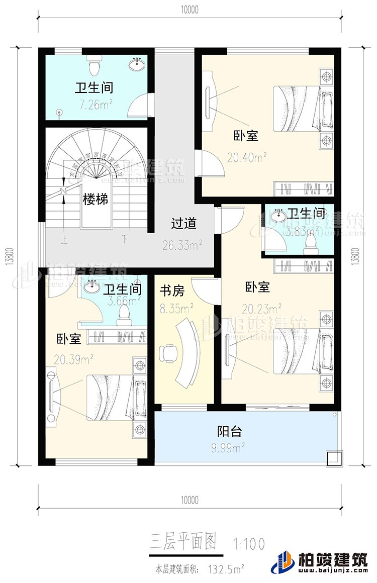 三層：3臥室，2內衛(wèi)，公衛(wèi)，樓梯，書房，陽臺
