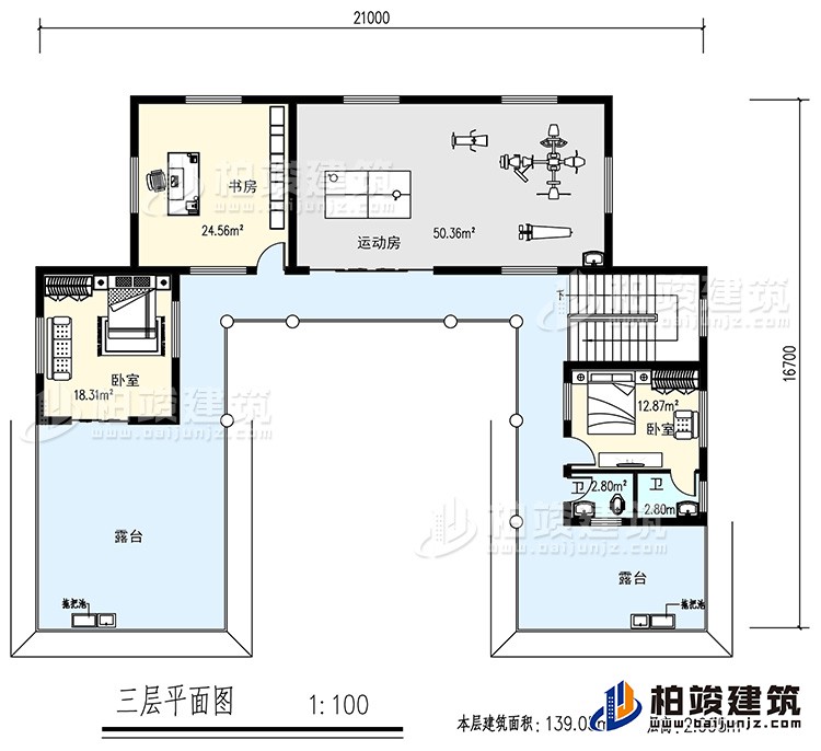 三層：書(shū)房，運(yùn)動(dòng)房，2臥室，2衛(wèi)生間，露臺(tái)
