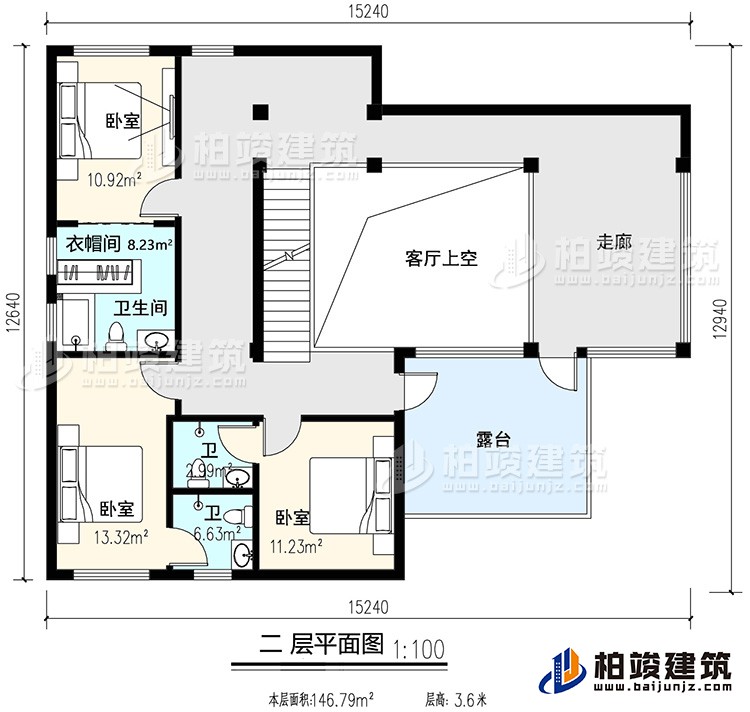 二層：3臥室，內(nèi)衛(wèi)，公衛(wèi)，起居室，樓梯，陽臺，露臺，書房