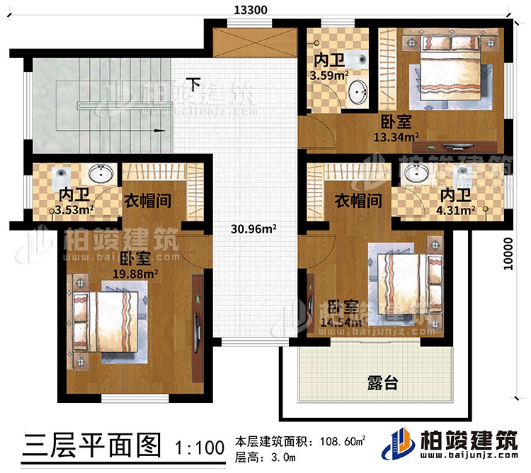 三層：3臥室、2衣帽間、3內(nèi)衛(wèi)、露臺