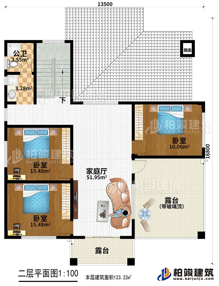二層：3臥室，家庭廳，2露臺(tái)，公衛(wèi)。