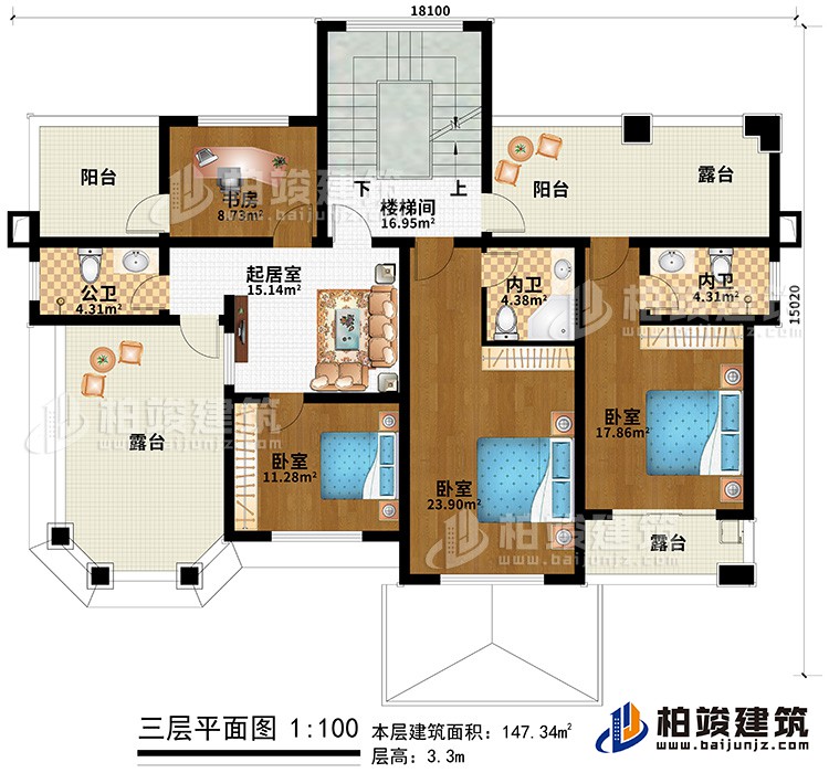 三層：3臥室、2內(nèi)衛(wèi)、公衛(wèi)、書(shū)房、樓梯間、2陽(yáng)臺(tái)、3露臺(tái)、起居室