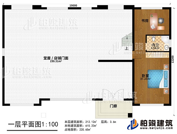 一層：門廊、堂屋/店鋪門面、臥室、書房、內(nèi)衛(wèi)