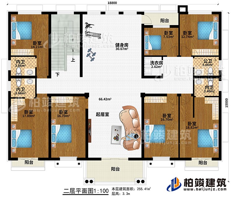 二層：7臥室、起居室、健身房、3內(nèi)衛(wèi)、公衛(wèi)、洗衣房、4陽臺