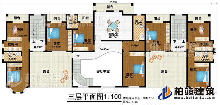 三層：6臥室、2衣帽間、2書(shū)房、4內(nèi)衛(wèi)、娛樂(lè)室、6陽(yáng)臺(tái)、2露臺(tái)、客廳中空