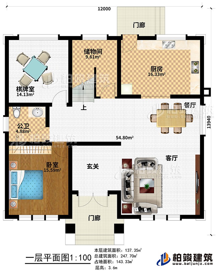 一層：2門廊、玄關(guān)、客廳、餐廳、廚房、儲物間、棋牌室、公衛(wèi)、臥室