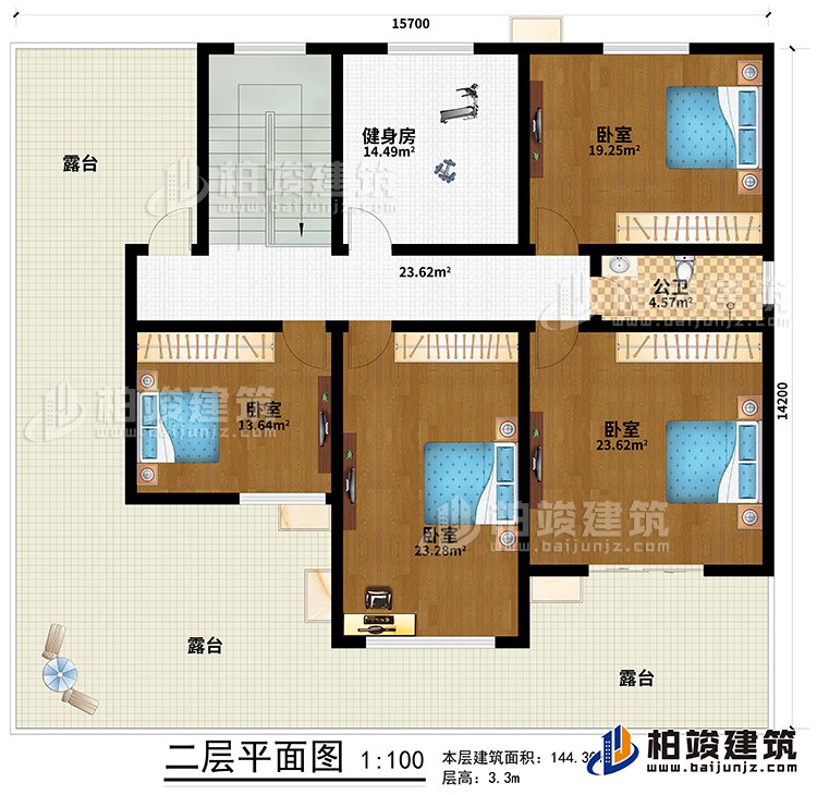 二層：4臥室，公衛(wèi)，健身房，露臺