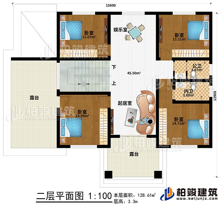 二層：4臥室，內(nèi)衛(wèi)，公衛(wèi)，起居室，樓梯，棋牌室，2露臺(tái)