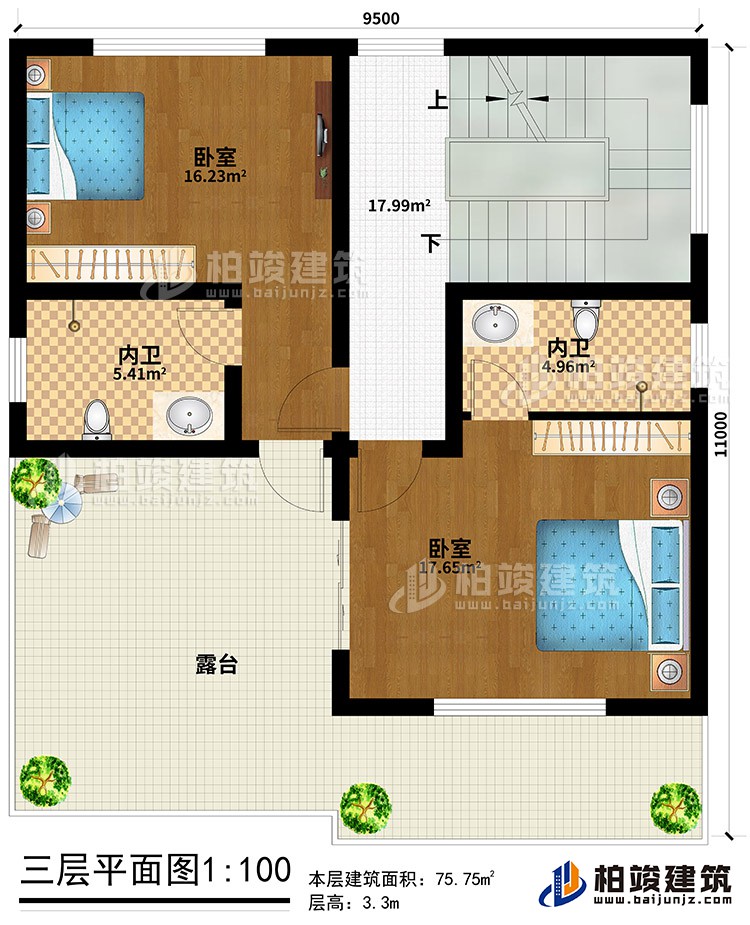 三層：2臥室、2內(nèi)衛(wèi)、露臺(tái)