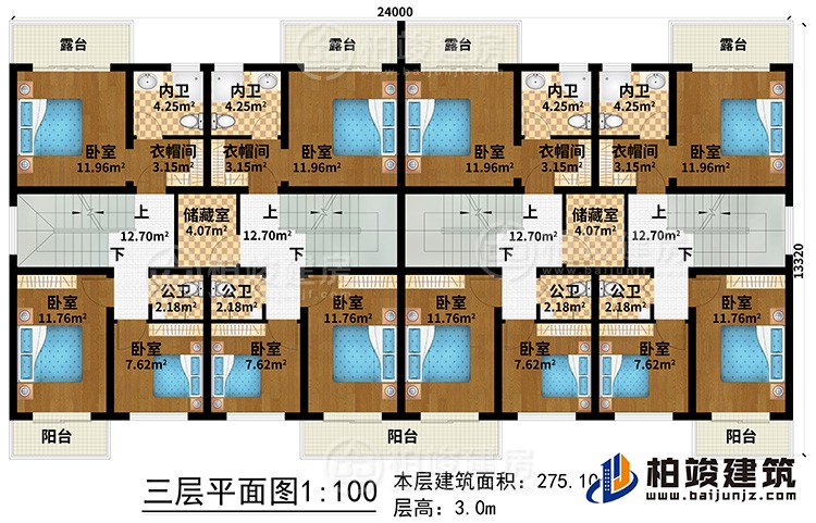 三層：12臥室、4公衛(wèi)、4內衛(wèi)、2儲藏室、4衣帽間、3陽臺、4露臺