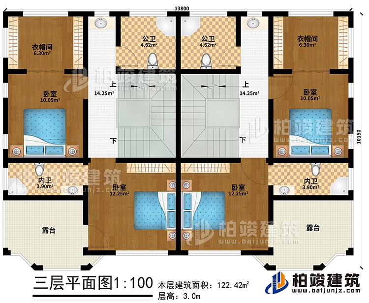 三層：4臥室、2內衛(wèi)、2公衛(wèi)、2衣帽間、2露臺