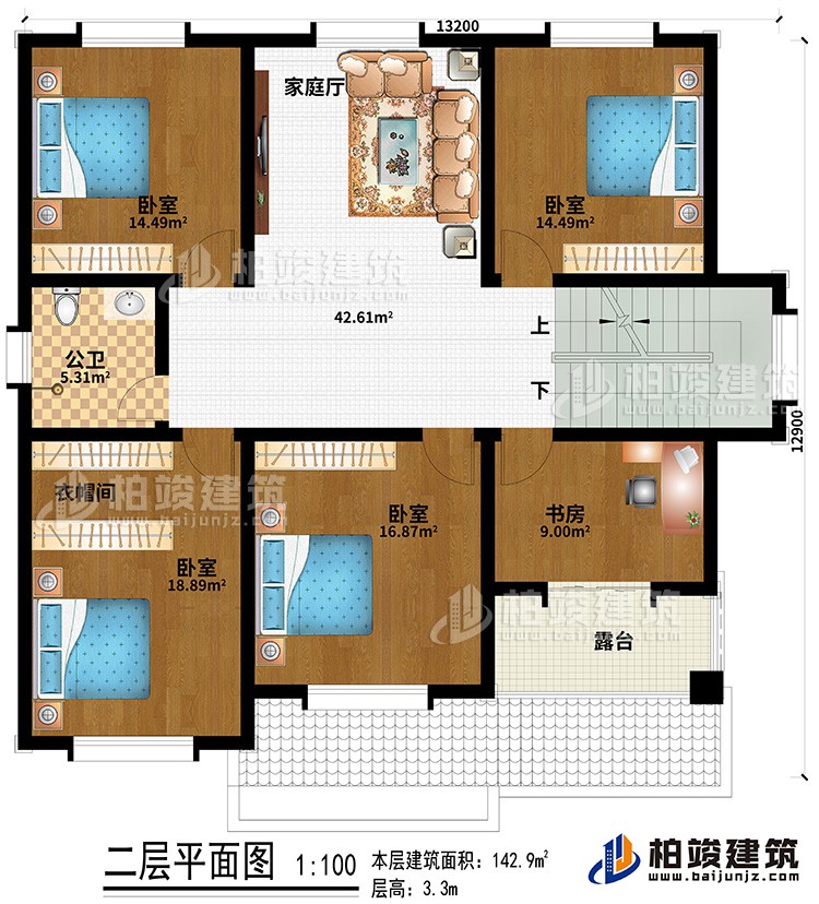 二層：4臥室、公衛(wèi)、衣帽間、書(shū)房、露臺(tái)、家庭廳