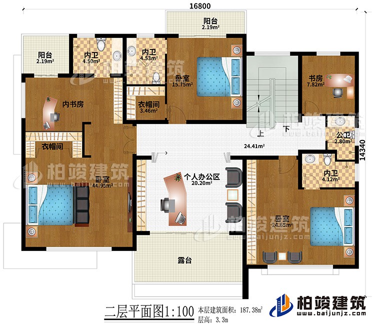 二層：3臥室、2衣帽間、3內(nèi)衛(wèi)、內(nèi)書房、書房、個(gè)人辦公區(qū)、公衛(wèi)、2陽(yáng)臺(tái)、露臺(tái)