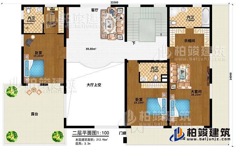 二層：客廳，大套間帶內(nèi)衛(wèi)和衣帽間，單間帶內(nèi)衛(wèi)，中套間帶內(nèi)衛(wèi)和衣帽間，2露臺(tái)，樓梯