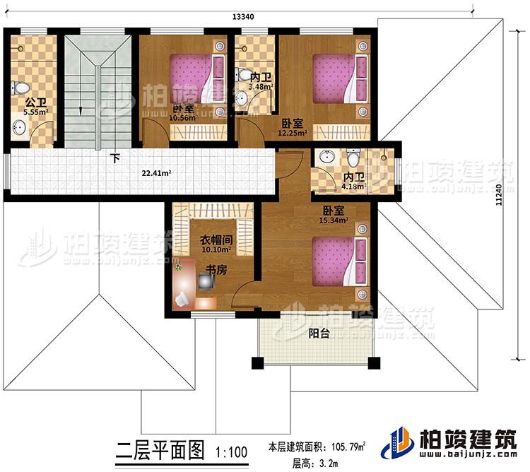 二層：3臥室，3衛(wèi)，客廳，陽(yáng)臺(tái)，衣帽間/書(shū)房