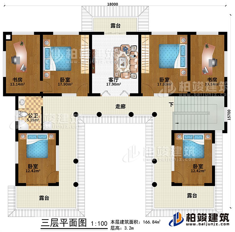 三層：走廊、3臥室、2書房、客廳、3露臺、公衛(wèi)
