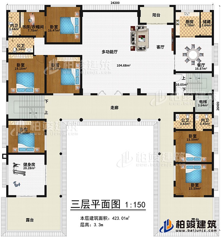 三層：健身房、6臥室、書(shū)房/衣帽間、2內(nèi)衛(wèi)、2公衛(wèi)、多功能廳、客廳、陽(yáng)臺(tái)、餐廳、廚房、儲(chǔ)藏、電梯、2露臺(tái)