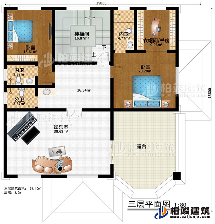 三層：樓梯間、娛樂室、2臥室、衣帽間/書房、2內(nèi)衛(wèi)、公衛(wèi)、露臺(tái)