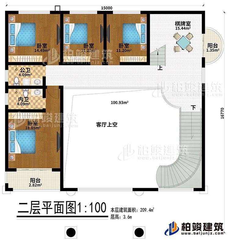 二層：4臥室、公衛(wèi)、內(nèi)衛(wèi)、棋牌室、2陽臺、客廳上空