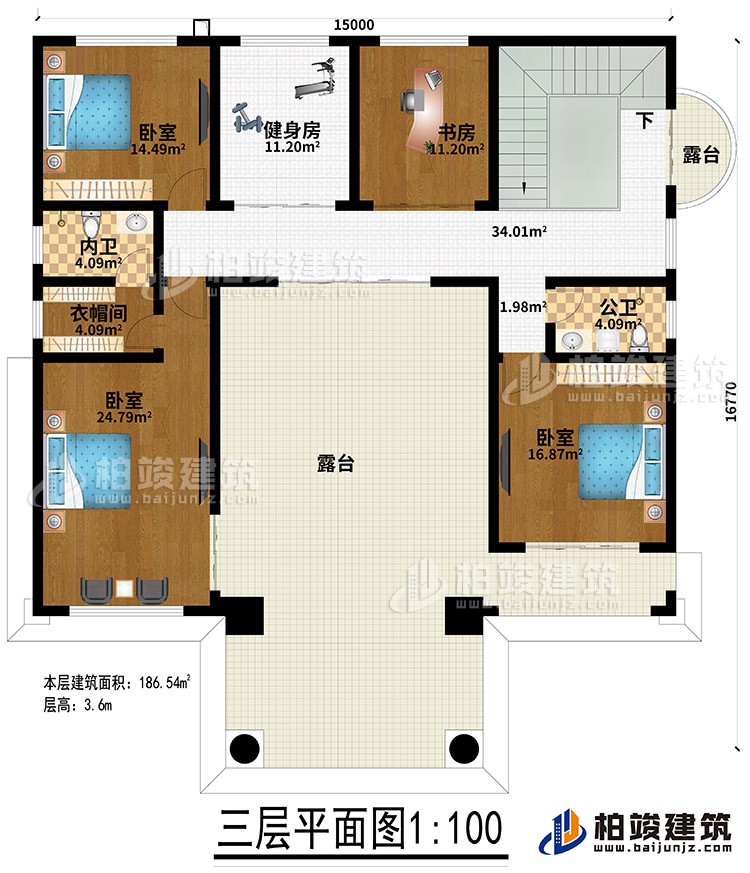 三層：3臥室、健身房、衣帽間、內(nèi)衛(wèi)、公衛(wèi)、健身房、書房、2露臺