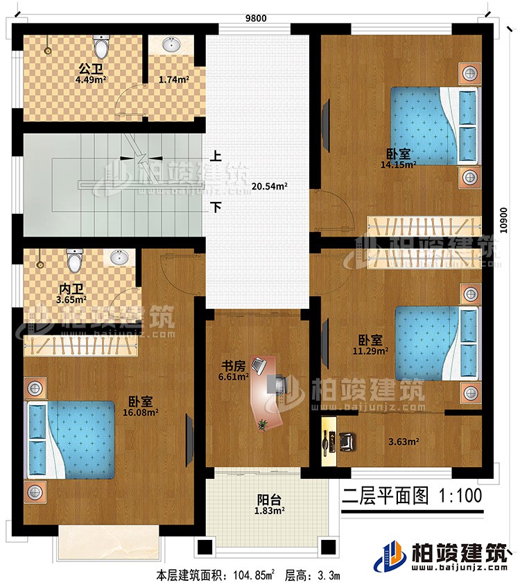 二層：3臥室、公衛(wèi)、內(nèi)衛(wèi)、書房、陽臺