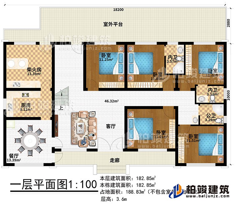 一層：走廊、客廳、餐廳、廚房、柴火房、室外平臺、5臥室、2內(nèi)衛(wèi)、公衛(wèi)
