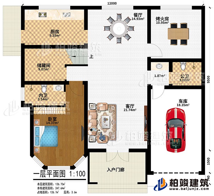 一層：入戶門廊、客廳、車庫、烤火房、餐廳、廚房、儲(chǔ)藏間、臥室、公衛(wèi)、內(nèi)衛(wèi)