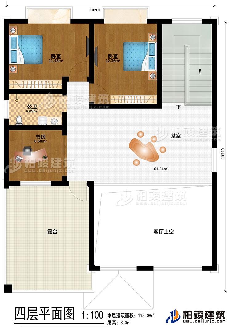 四層：2臥室、茶室、公衛(wèi)、書房、客廳上空、露臺