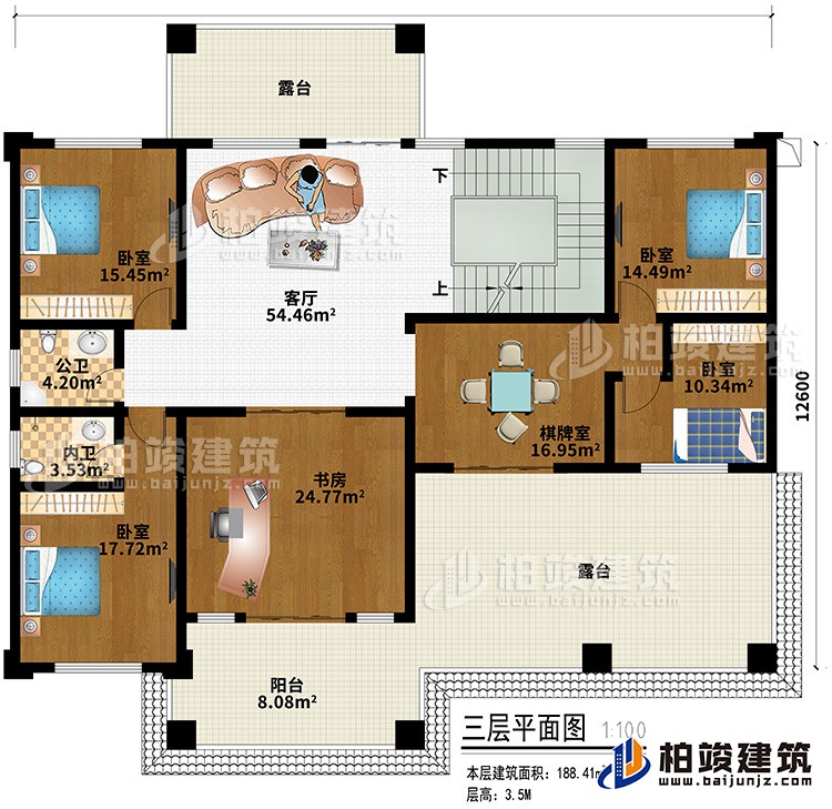 三層：客廳、4臥室、書房、棋牌室、內(nèi)衛(wèi)、公衛(wèi)、陽臺、2露臺