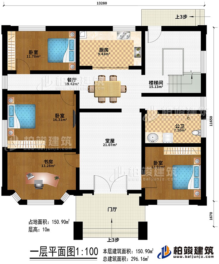 一層：門廳、堂屋、餐廳、廚房、樓梯間、3臥室、書房、公衛(wèi)