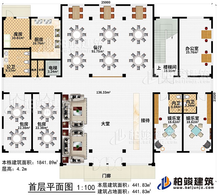 一層：門廊、大堂、接待、2娛樂室、2內(nèi)衛(wèi)、辦公室、樓梯間、餐廳、電梯、電井、水井、廚房、庫(kù)房、公衛(wèi)、2包房