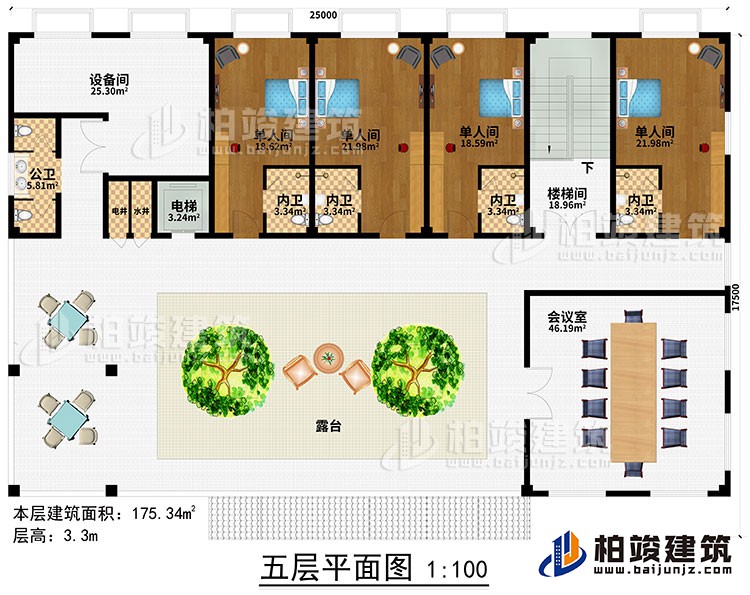 五層：樓梯間、過道、電梯、水井、電井、4單人間、4內(nèi)衛(wèi)、公衛(wèi)、露臺(tái)、會(huì)議