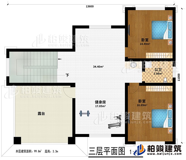 三層：２臥室、公衛(wèi)、健身房、露臺(tái)