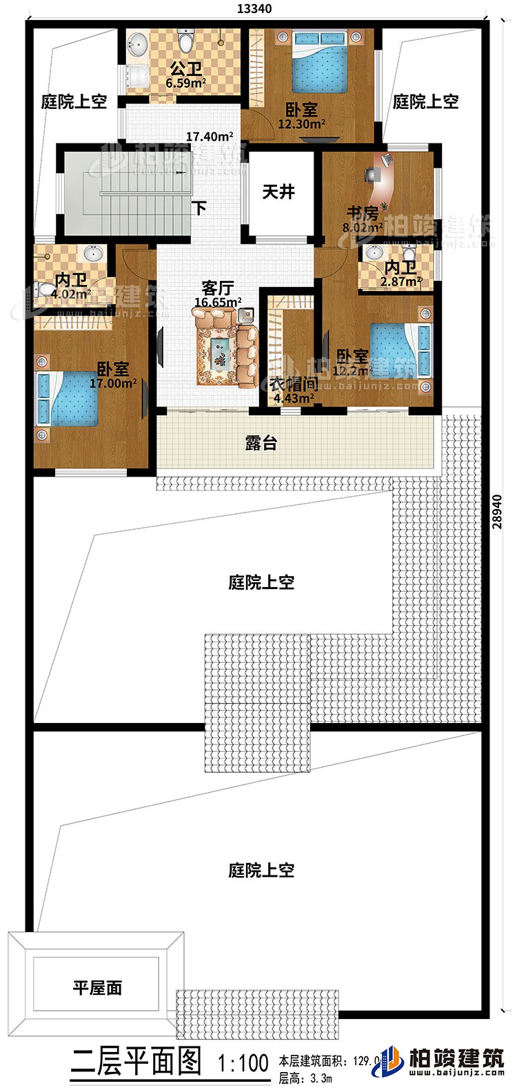 二層：平屋面、4庭院上空、3臥室、客廳、天井、衣帽間、書房、公衛(wèi)、2內(nèi)衛(wèi)