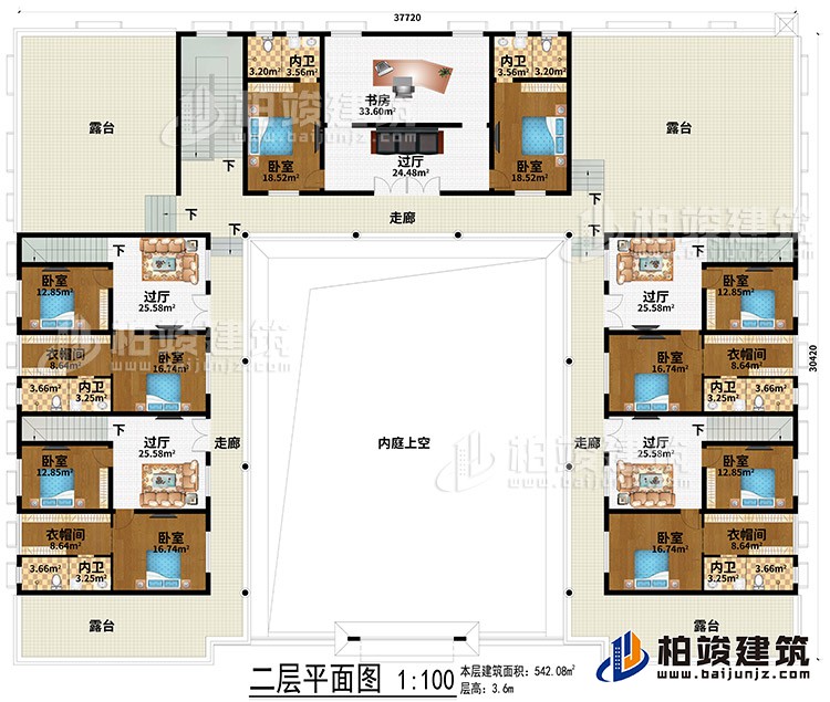 二層：內(nèi)庭上空、5過廳、書房、3走廊、4露臺(tái)、10臥室、4衣帽間、6內(nèi)衛(wèi)