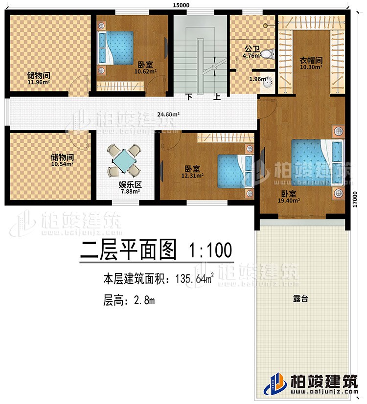 閣樓：娛樂區(qū)、2儲物間、3臥室、衣帽間、露臺