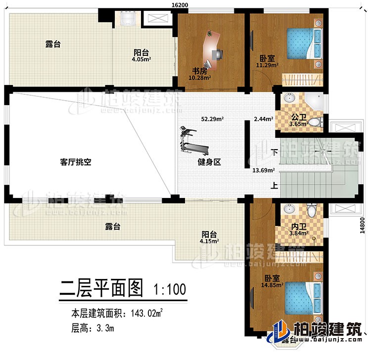 二層：健身區(qū)、客廳挑空、書房、2臥室、公衛(wèi)、內(nèi)衛(wèi)、2陽臺、3露臺