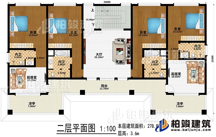 二層：大廳、2起居室、4臥室、4內(nèi)衛(wèi)、陽(yáng)臺(tái)、2涼亭