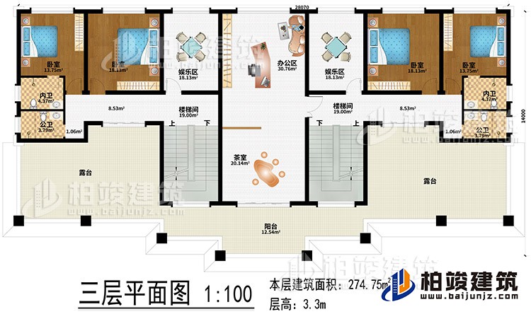 三層：辦公區(qū)、茶室、2樓梯間、2娛樂區(qū)、4臥室、2公衛(wèi)、2內(nèi)衛(wèi)、2露臺(tái)