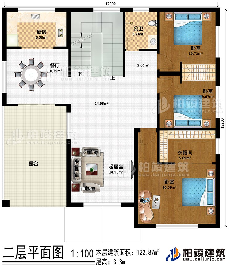 二層：起居室、餐廳、廚房、公衛(wèi)、3臥室、衣帽間、露臺(tái)