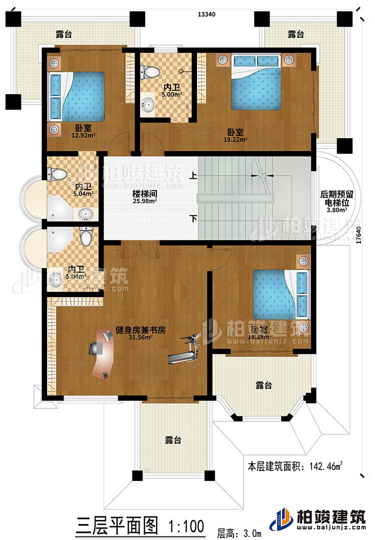 三層：樓梯間、健身房兼書房、3臥室、3內(nèi)衛(wèi)、后期預(yù)留電梯位、4露臺(tái)