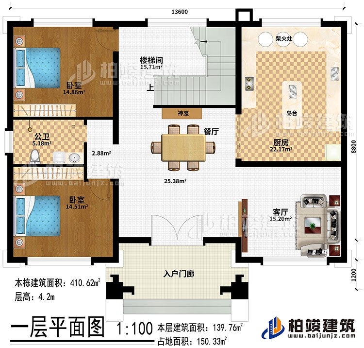 一層：入戶門廊、客廳、餐廳、廚房、神龕、島臺、柴火灶、樓梯間、公衛(wèi)、2臥室