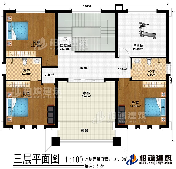 三層：樓梯間、健身房、3臥室、公衛(wèi)、內(nèi)衛(wèi)、涼亭、露臺