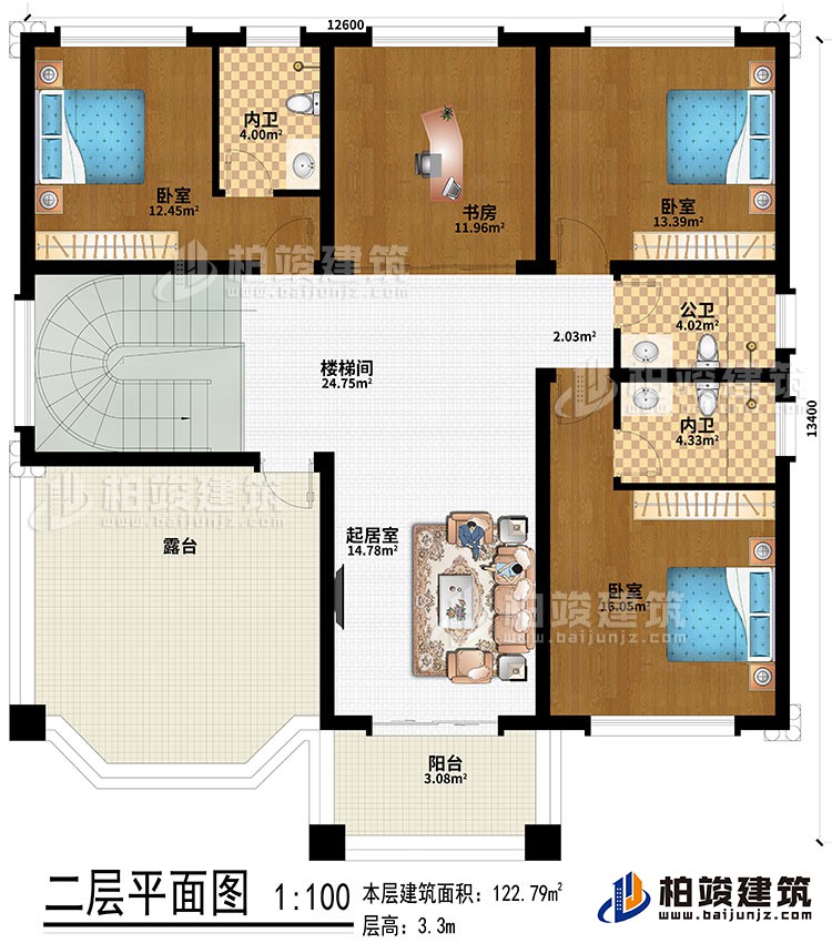 二層：樓梯間、起居室、3臥室、書房、2內(nèi)衛(wèi)、公衛(wèi)、露臺、陽臺