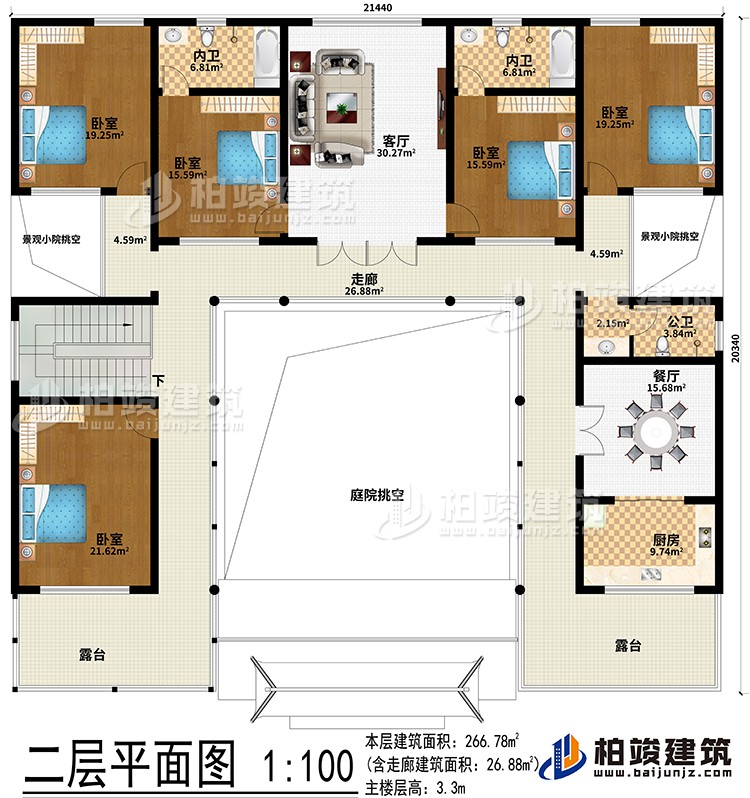 二層：客廳、餐廳、廚房、5臥室、2內(nèi)衛(wèi)、公衛(wèi)、2露臺、庭院挑空、2景觀小院挑空