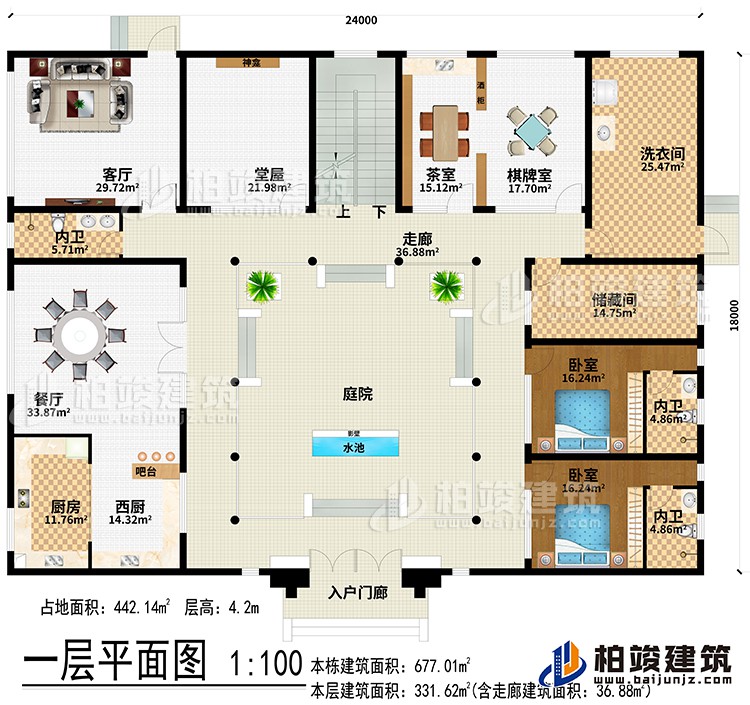 一層：入戶門廊、水池、影壁、庭院、走廊、西廚、廚房、餐廳、吧臺、客廳、堂屋、神龕、茶室、棋牌室、洗衣間、儲藏間、2臥室、3內(nèi)衛(wèi)