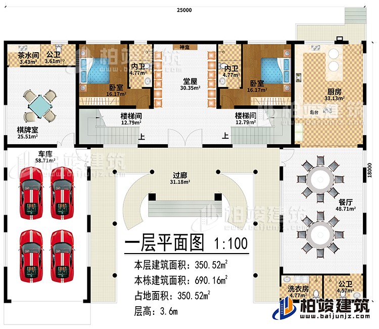 一層：過廊、堂屋、神龕、2樓梯間、廚房、餐廳、棋牌室、車庫、茶水間、2公衛(wèi)、洗衣房、2臥室、2內(nèi)衛(wèi)