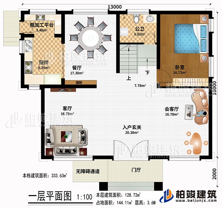 一層：門廳、無障礙通道、酒柜、入戶玄關(guān)、會(huì)客廳、客廳、廚房、餐廳、粗加工平臺(tái)、臥室、公衛(wèi)