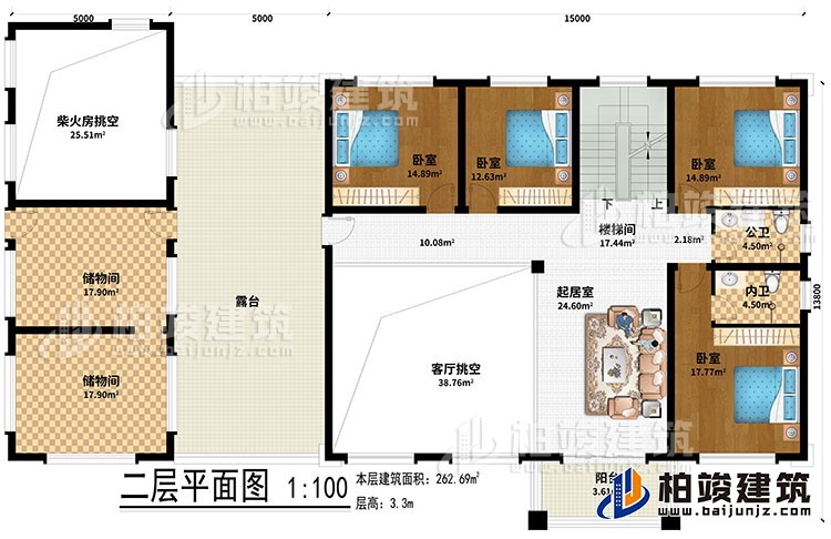 二層：起居室、樓梯間、2儲物間、客廳挑空、柴火房挑空、4臥室、公衛(wèi)、內(nèi)衛(wèi)、露臺、陽臺